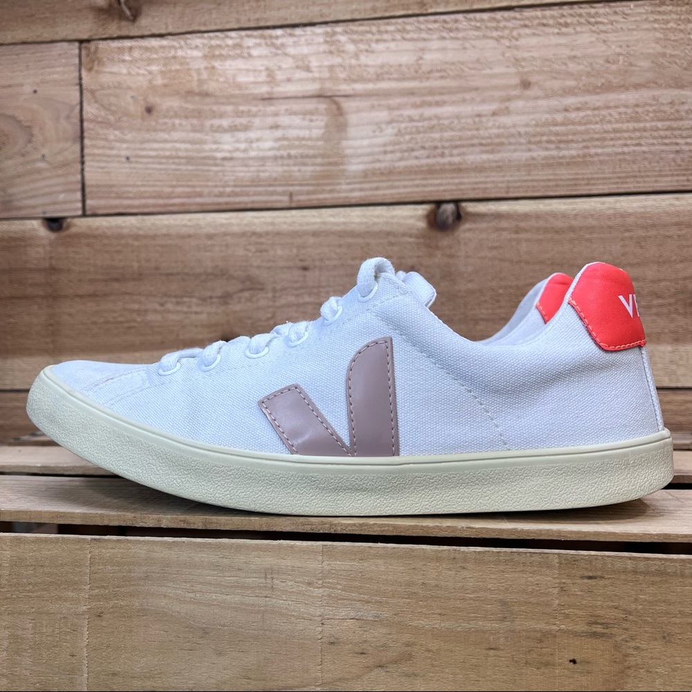 Veja White Sneakers with Pink Accent and Coral Heel - Picture 8 of 15